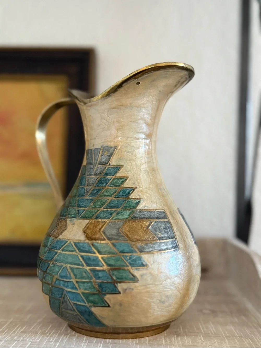 Vintage Brass Turquoise and Gold Geometric Pitcher Vase - Picture 4 of 7